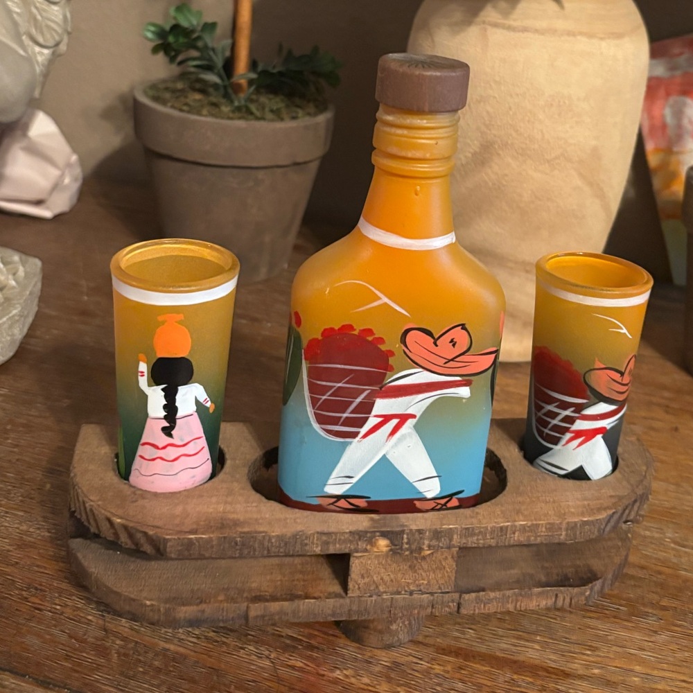 Hand-Painted Tequila Bottle and Shot Glass Set